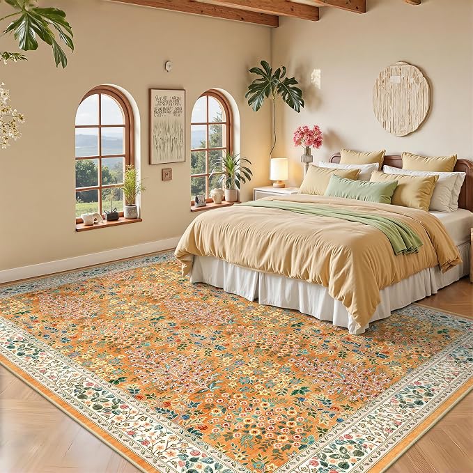 6x9 Area Rugs, Washable Floral Area Rugs for Living Room, Indoor Area Rug for Bedroom, Dining Room, Low Pile Non-Slip Non Shedding Rug(Orange Floral)