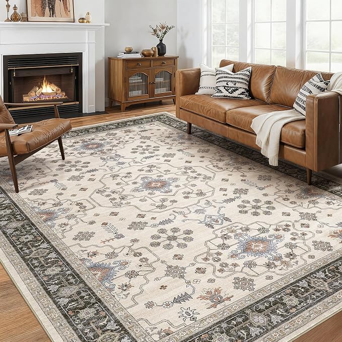 10x14 Area Rugs for Living Room - Large Carpet Ultra Thin Soft Washable Oriental Vintage Floral Distressed Big Indoor Carpets for Bedroom Nursery Dorm Home Decor Aesthetic - Brown Black