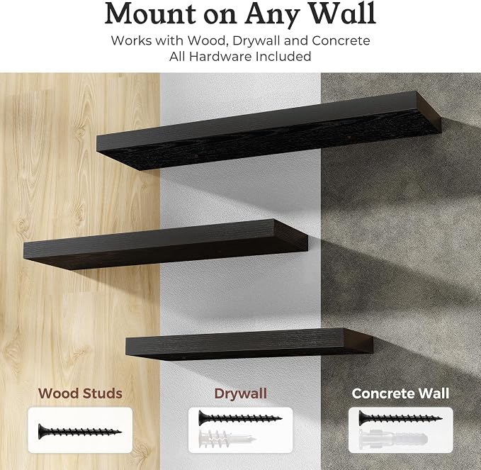 Floating Shelves for Wall, 9.3" Deep Wall Mounted Wood Shelves for Bathroom, Bedroom, Living Room, Kitchen, Hanging Shelf for Books/Storage/Room Decor (Black, 40")