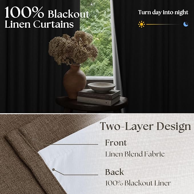 120 Inch Pinch Pleat Drapes Brown Room Darkening Curtains 120 Inches Long for Bedroom Rustic Cottagecore 100% Blackout Thick Linen Double Layer Pleated Curtain 2 Panels Set Dutch Cocoa Decor