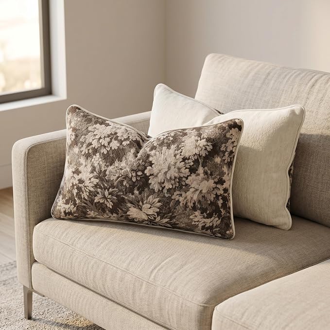 Vintage Floral Throw Pillow Covers 12x20 Inches Set of 2 Lumbar Farmhouse Pillow Cases Premium Chenille Textured Decorative Cushion Covers for Couch Retro Garden Farmhouse Style Coffee
