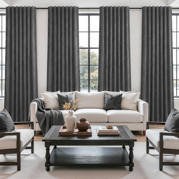 Dark Grey Linen Room Darkening Curtains 96 Inches Long 2 Panels Set for Sliding Glass Doors, Blackout Pleat Charcoal Gray Aesthetic Drapes Soundproof Privacy 8 FT Window Curtain for Office(50"Wx96"L)