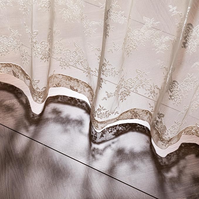MEETSKY Beige Boho Lace Sheer Curtains 54 Inch Length 2 Panels Set Vintage Victorian French Elegant Light Filtering Cafe Farmhouse Style Rod Pocket Drapes, W50 Each Panel