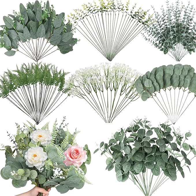 150 Pcs 7 Kinds Mixed Artificial Eucalyptus Leaves Stems Bulk, Fake Greenery Plants Faux Silver Dollar Eucalyptus Leaves for Wedding Vase Bouquet Floral Arrangement Centerpiece Home Decor