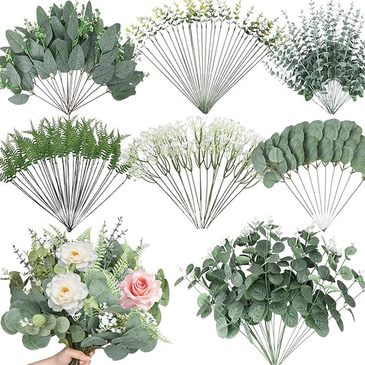 150 Pcs 7 Kinds Mixed Artificial Eucalyptus Leaves Stems Bulk, Fake Greenery Plants Faux Silver Dollar Eucalyptus Leaves for Wedding Vase Bouquet Floral Arrangement Centerpiece Home Decor