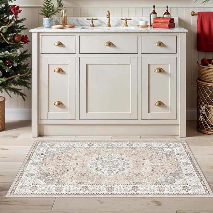 Washable 2x3 Entryway Area Rug - Neutral Kitchen Rug Runner Vintage Soft Floor Mat Non Slip Indoor Farmhouse Carpet for Bathroom Living Room Bedroom (2 X 3, Beige)