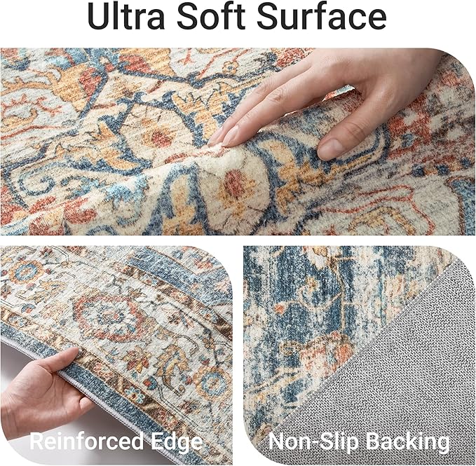 befbee Washable Rug 8x10 Area Rugs for Living Room - Stain Resistant Non-Slip Backing Rugs for Bedroom - Vintage Large Area Rug (Navy, 8'x10')