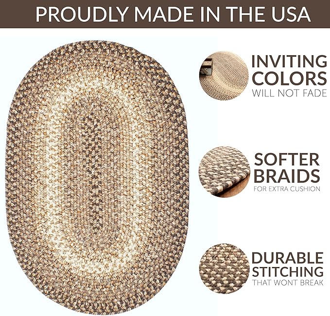Super Area Rugs Large Braided Rugs 8X11 Farmhouse Living Room Rug - Ridgewood Braided Rug for Bedroom - Reversible Woven Rugs - Indoor/Outdoor - Made in USA - Brown Velvet/Beige, 8' X 11' Oval