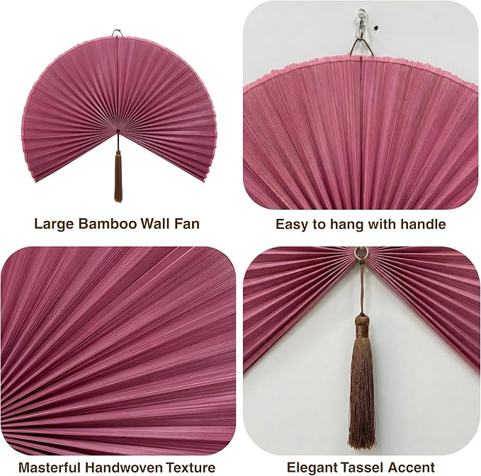 SUCHUBU Decorative Pink Wall Fan, 47" Handcrafted Asian Wall Decor, Large Japanese Art Hanging, Pastel Boho Chic Decor, Elegant Bamboo Weaving for Living Room (Pink, Large)