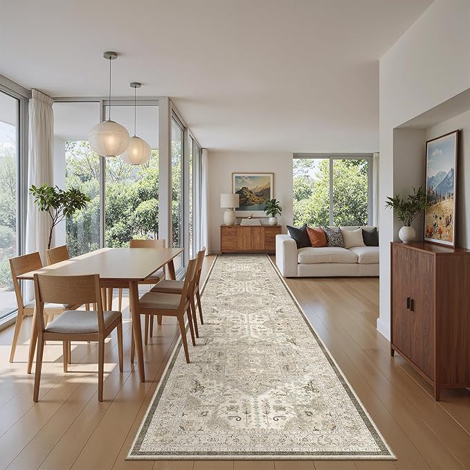Madane Hallway Runner Rug 2'6''x16' Kitchen Runners Vintage, Ivory/Brown | Long Non-Slip Washable Rugs 16ft for Laundry Room, Entryway and Bedroom, Soft Low Pile Stain-Resistant 2.5x16 Ft Floor Carpet