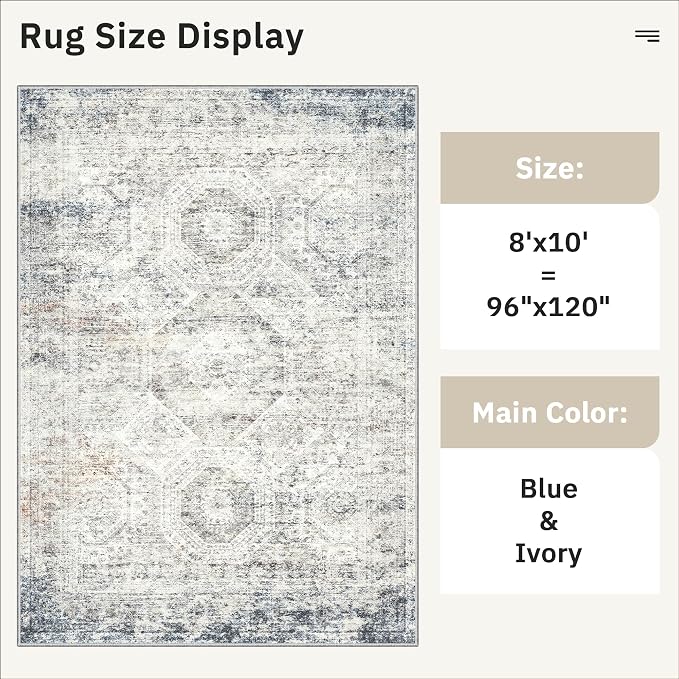 Soalmost Washable Area Rug 8x10, Large Soft Rugs for Living Room Vintage 8x10 Area Rugs for Bedroom Dining Room Non-Slip Stain Resistant Under Table Blue Ivory Rug