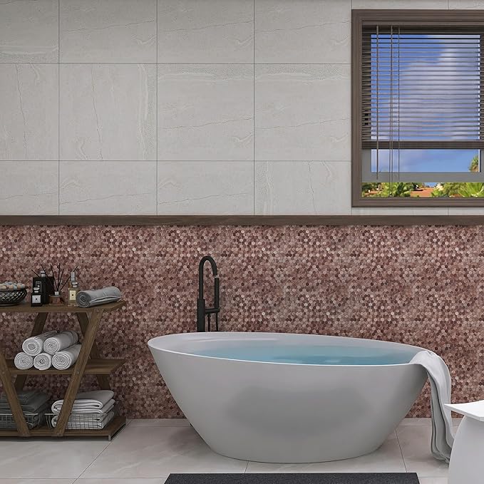 KASARO Peel and Stick Backsplash Tiles, 12" x 12" 3D Pink Hexagon Metal Mosaic Wall Panel, Self-Adhesive Waterproof Kitchen Backsplash for Bathroom, Fireplace, Living Room Decor, 8 Pack