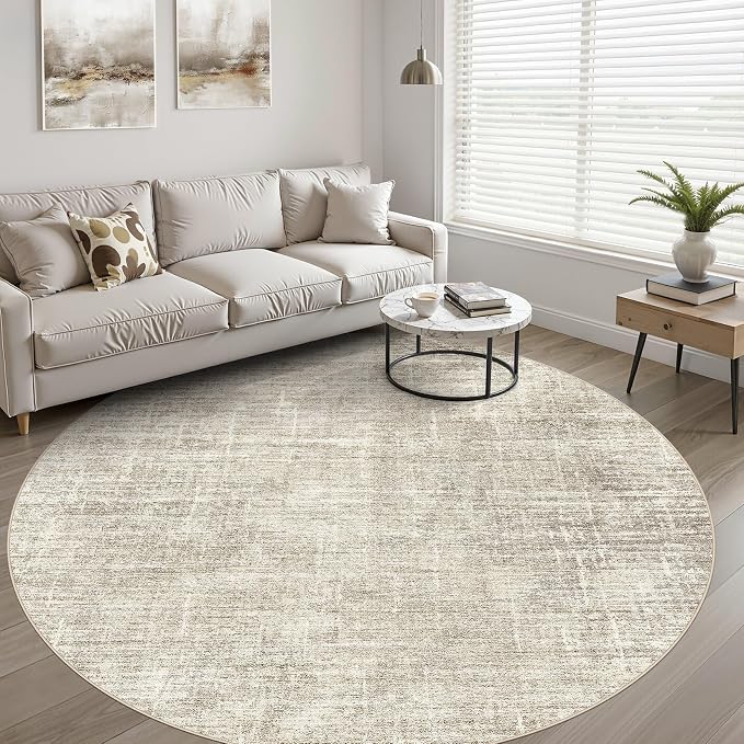 6ft Round Rug Living Room: 6x6 Washable Large Neutral Brown Circle Area Rug Abstract Soft Modern Stain Resistant Indoor Floor Non-Slip Carpet for Bedroom Nursery Kids Office Playroom Dining Room