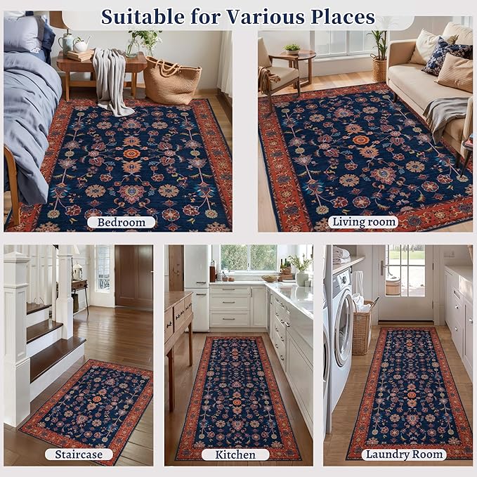Tangsoo 9x12 Large Area Rug for Living Room,Non Slip Machine Washable Rug for Bedroom, Boho Distressed Vintage Red Blue Floral Rugs, Soft Low Pile Floor Carpet for Dining Room Office Kitchen Farmhouse