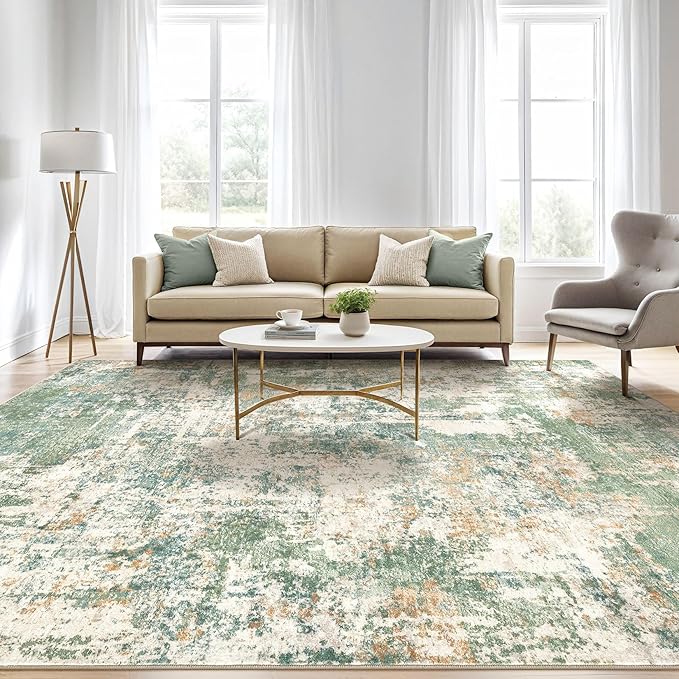 7x9 Area Rug Living Room: Washable Large Abstract Soft Green Rugs Stain Resistant Indoor Floor Non-Slip Accent Carpet for Men Modern Home Enthusiasts Aged 25-45 - Bedroom Office Playroom