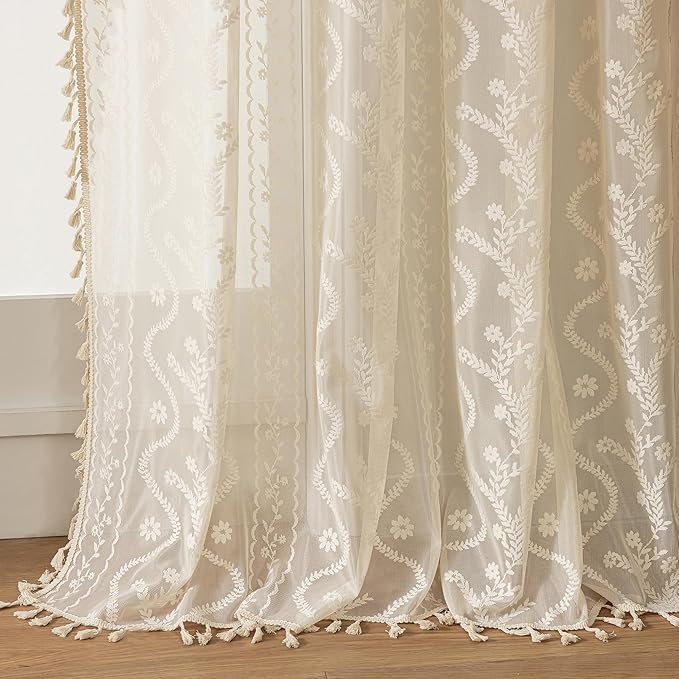 WAZZIO Boho Lace Curtains 2 Panels 45 Inches -Cute Vintage Victorian Sheer Panel Drape French Country Floral Pattern & Tassel Light Filtering Privacy for Bedroom Dining Living Room,Beige,W52x L45
