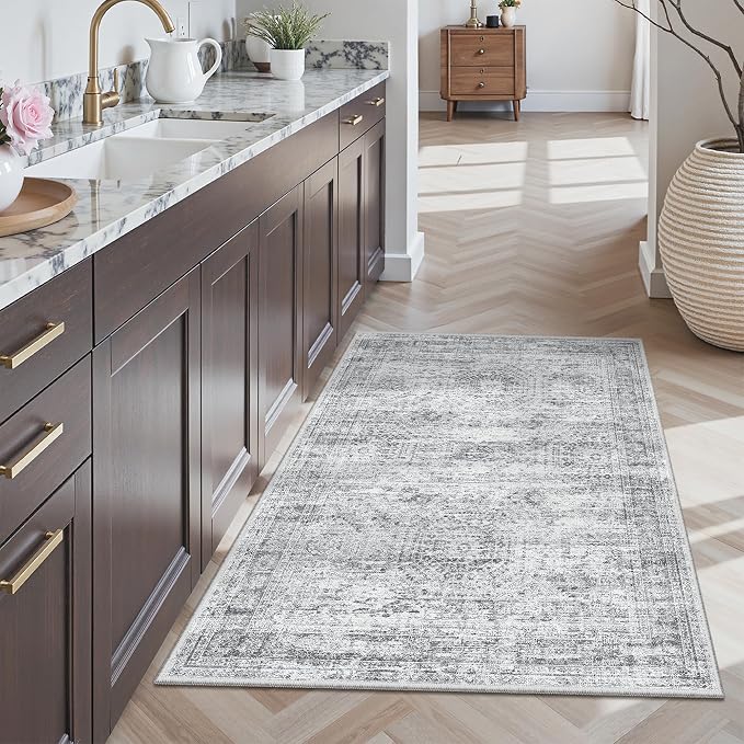 Soalmost 3x4 Rug, Small Area Rug for Kitchen, Entryway, Machine Washable Non-Slip Throw Rug, Vintage Carpet for Nursery Coffee Table Grey