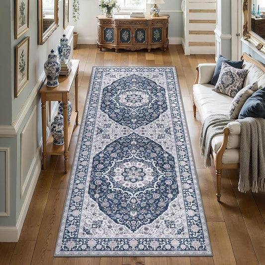 Tangsoo 2x6 Washable Runner Rug for Hallway, Non Slip Boho Vintage Blue White Floral Rug Runners for Kitchen Entryway,Floor Carpet Soft Low Pile Indoor Mat for Bedroom Bathroom Laundry Dinning