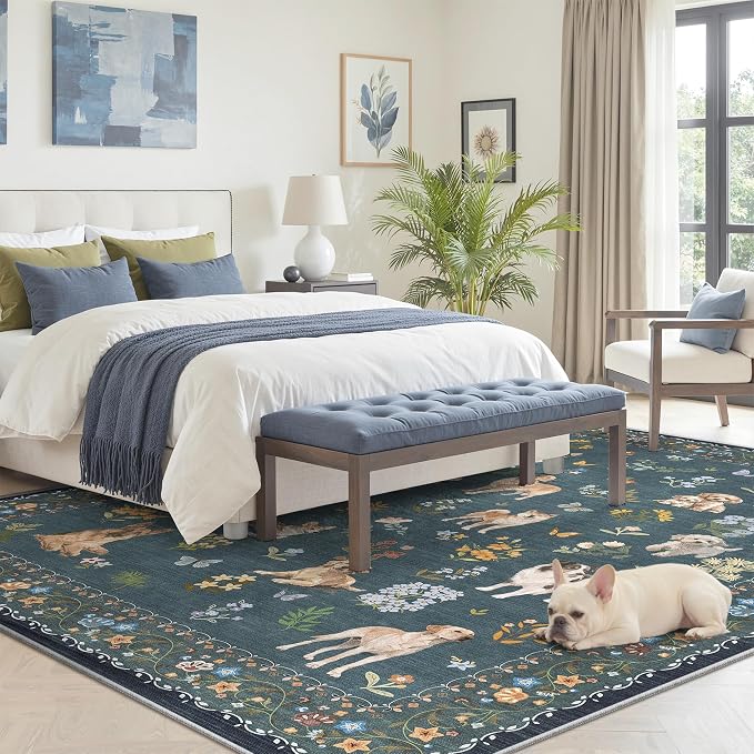 Soalmost Dog 5x7 Area Rugs for Living Room, Machine Washable Animal Floral Vintage Rug Non-Slip Low Pile Soft Throw Rugs for Kitchen Dining Room Bedroom Nursery Playroom (5 x 7,Navy Blue)