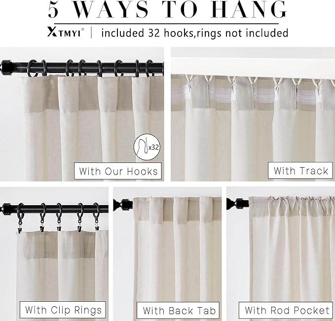 XTMYI 100 Inch Linen Curtains, Lightweight Semi Sheer Light Filtering Drapes, Back Tab Window Drapery for Living Room Bedroom 2 Panel Set, Oatmeal Beige, 50" W x 100" L
