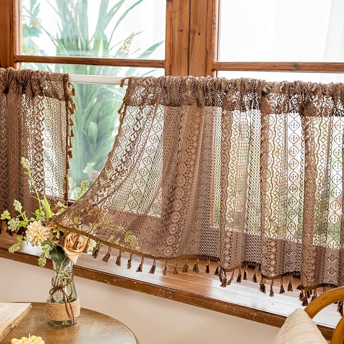 Sutuo Home Dark Coffee Boho Short Curtains Valance for Kitchen Window Curtains Over Sink, Caramel Lace Sheer Closet Crochet Privacy Farmhouse Vintage Chic Tassels Rod Pocket,2 Panels 50" W x 18" L