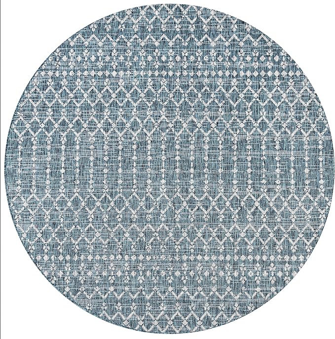 JONATHAN Y Moroccan Geometric Indoor Outdoor Round Area Rug 8 Ft Teal/Gray, Ourika Textured Weave for Backyard, Patio, Porch, Easy-Cleaning, High Traffic, Pet-Friendly, Non-Shedding (SMB108C-8R)