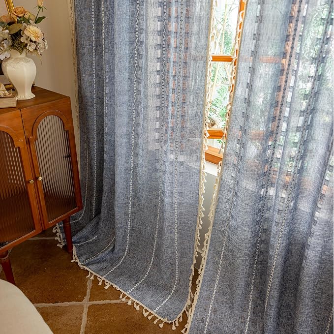 Blue Boho 96 inch Curtains 2 Panel Set for Living Room Dining room Floor to Ceiling, Light Filtering Tassels Privacy Country Vintage Embroidery Bohemian Stripes Window Treatment Back Tab, 50"W