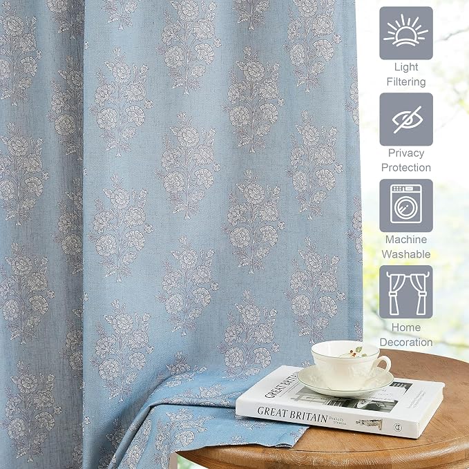 Vision Home Linen Print Pinch Pleated Light Filtering Curtains Panels, Blue Block Window Drapes with Microfiber Liner & Back Tab Hooks for Living Room Bedroom, Coastal Botanical 40x90 Inch Set of 2