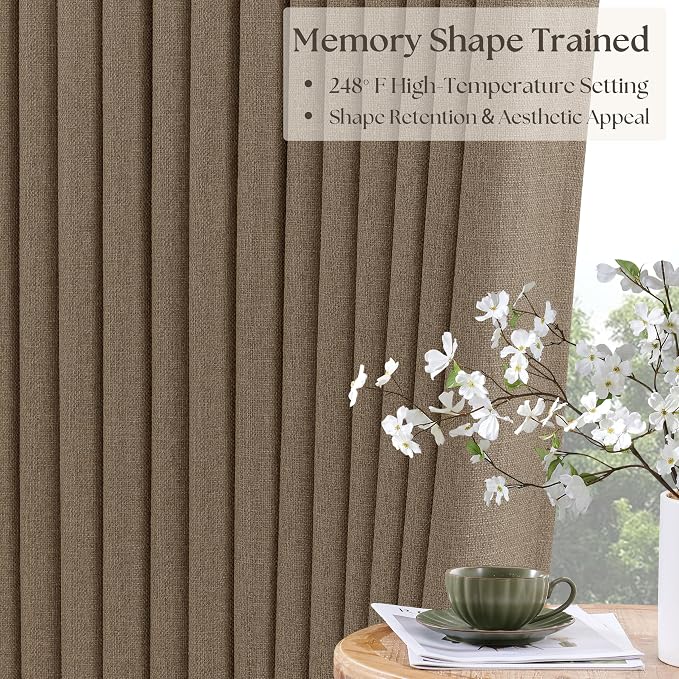 Latte Burlap Room Darkening Curtains 120 Inches Long for Bedroom Extra Long Rustic Boho Pinch Pleated Blackout Linen Drapes 40x120 Inch Length 2 Panels Set Sliding Door Curtain Decor with Liner