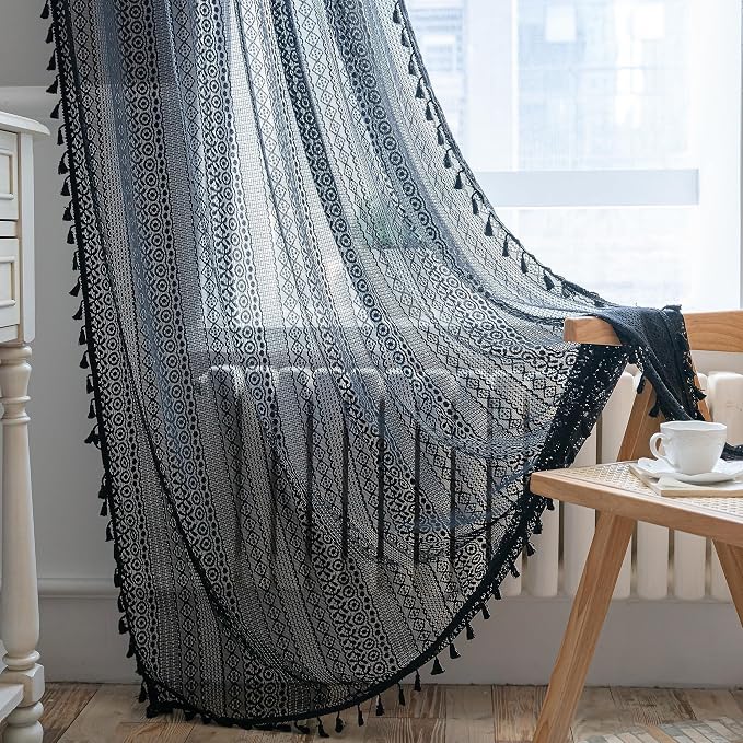 Sutuo Home Black Boho Curtain for Halloween Decor, Sheer Crochet Lace Handmade Tassels Knitted Window Treatment Vintage Rustic Bohemian Farmhouse Drape for Bedroom Rod Pocket 1 Panel 59" W x 96" L