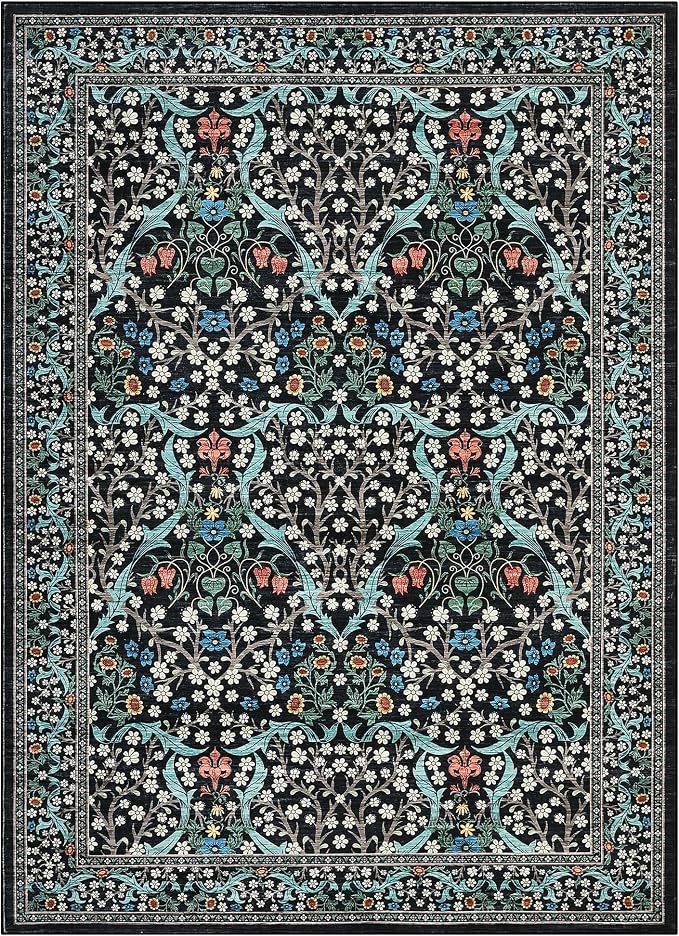 GarveeHome Floral Area Rugs 5x7, Washable Rug for Living Room, Bedroom, Low Pile Non Slip Stain Resistance Indoor Boho Carpet Mat for Farmhouse, Dining Room, Office, Black