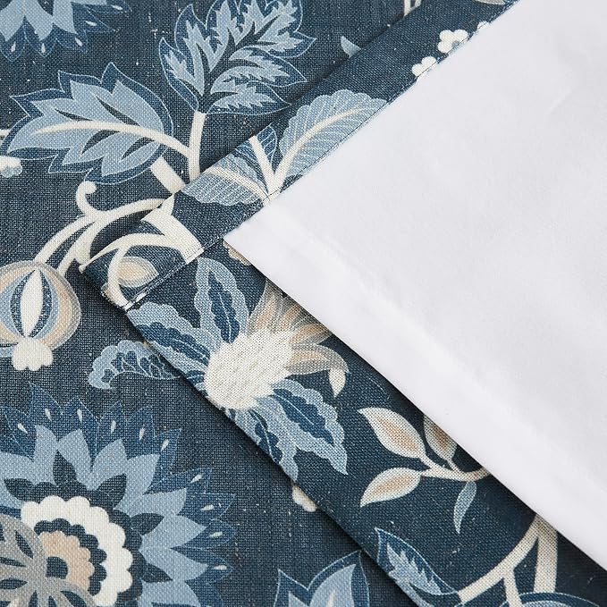 Vision Home Navy Floral Pinch Pleat Light Filtering Curtains, Linen Pleated Drapes with Microfiber Liner & Back Tab Hooks for Living Room Bedroom, Vine Botanical Print Panels 40x108 Inch Set of 2
