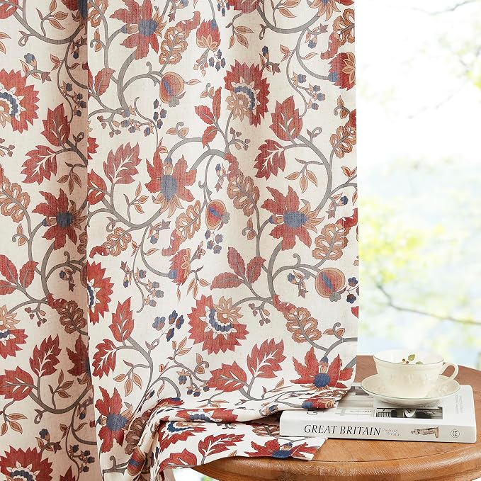 Vision Home Red Floral Pinch Pleat Light Filtering Curtains, Linen Pleated Drapes with Microfiber Liner & Back Tab Hooks for Living Room Bedroom, Vine Botanical Print Panels 40x95 Inch Set of 2