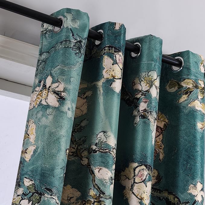 Taisier Home Chinese Style Plum Blossom Curtain Green Artistic Print Curtains 95 Inches Long for Living Room,Personalized Pattern Curtains Bedroom Window Treatment Curtains 2 Panels Set