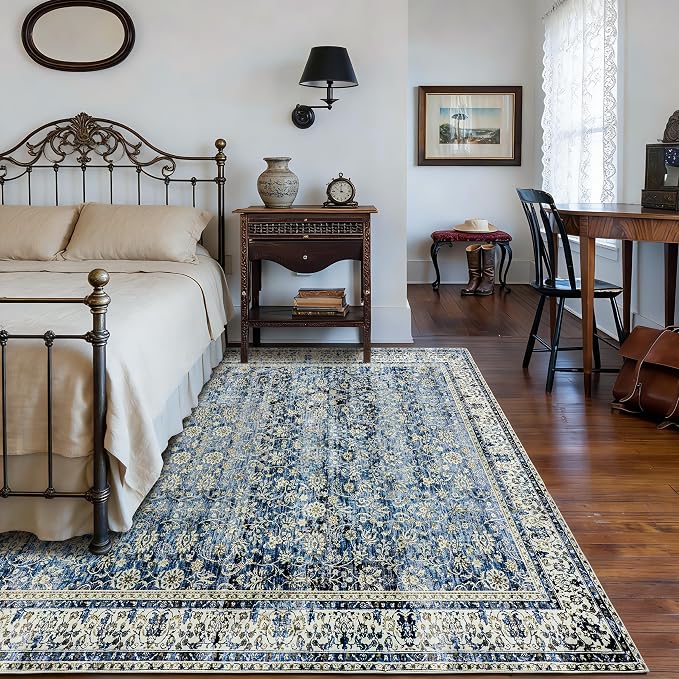 BILEEHOME Dark Blue 5x8 Area Rug for Bedroom Neutral Boho Vintage Floral Design Washable No Slip Soft Rugs for Living Room Home Office Blue Low Pile Dining Room Carpet for Under Table 5 x 8