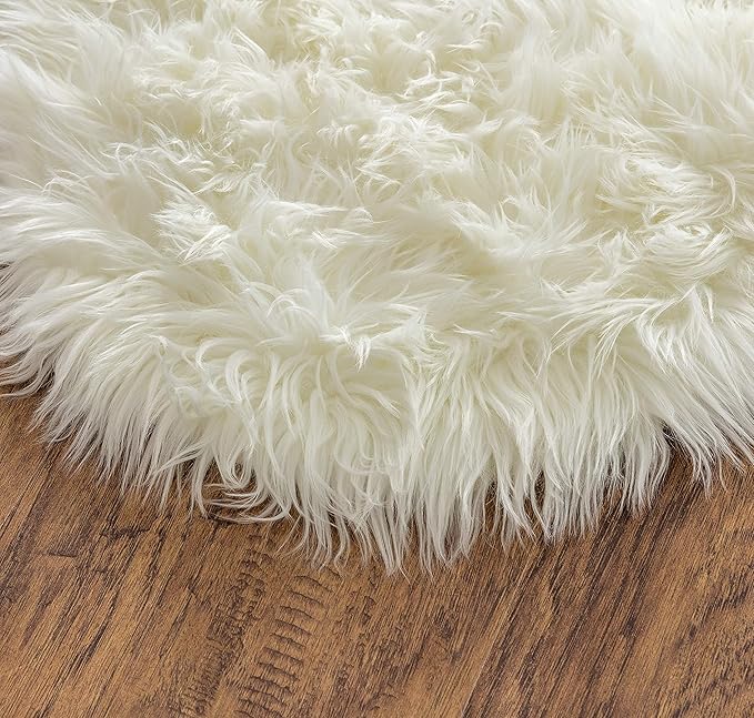 Chanasya Super Soft Faux LongFur Suede Fake Sheepskin for Sofa Couch Stool Vanity Chair Cover Luxurious Fluffy Rug Solid Shaggy Area Rugs for Living Bedroom Floor - Off White 2ftx3ft
