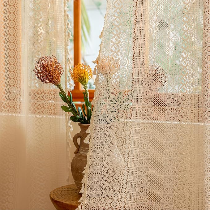 Sutuo Home Beige Boho Vintage Lace Curtains 108 inches Long for Dining Room Living Room, Rustic Semi Sheer Curtains Farmhouse Privacy Crochet Tassels Victorian Style Rod Pocket Decor, 2 Panels 50" W