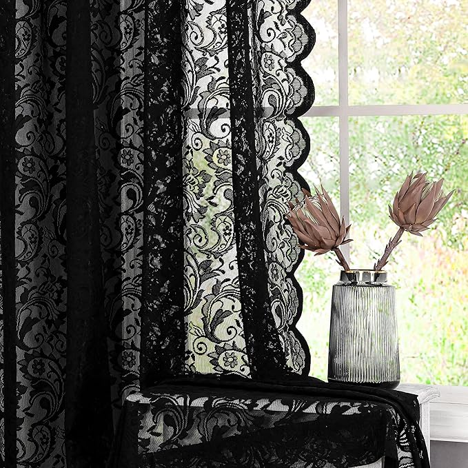 Bujasso Black Sheer Lace Curtains 90 inch Vintage Floral Sheer Window Curtain Panels for Living Room Bedroom Luxury Light Filtering Drapes Black Window Treatment Sets Grommet Top 2 Panels 54" Wx90 L