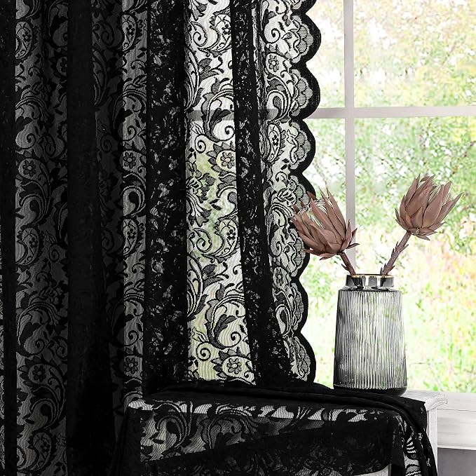 Bujasso Black Sheer Lace Curtains 84 inch Vintage Floral Sheer Gothic Curtain Panels for Living Room Bedroom Luxury Light Filtering Drapes Black Window Treatment Sets Rod Pocket 2 Panels 54" Wx84 L