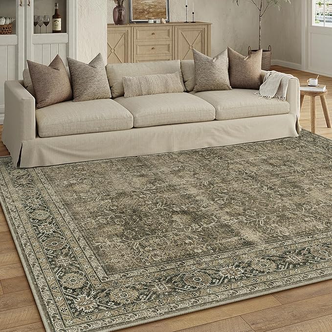 PureCozy Vintage Area Rug 4x6 Light Brown Bedroom Indoor Kitchen Washable Living Room Carpet Tribal Distressed Retro Accent Throw Rug for Office Dining Room Bathroom Faux Wool