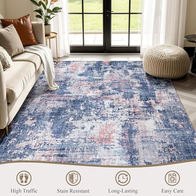 Sasttie 10x14 Soft Area Rug for Living Room, Modern Abstract Washable Large Carpet for Bedroom, with Non-Slip Backing, Pink and Blue