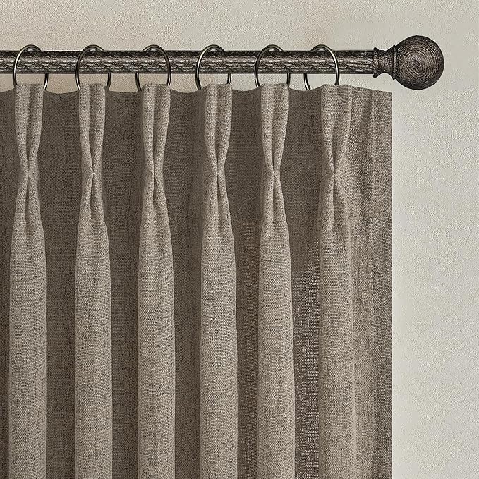 Pinch Pleated Dark Flax Privacy 105 Inch Length Curtains That Let Light in 2 Panels Set, Natural Linen Light Filtering Semi Sheer Tan Memory Trained Elegant Boho Extra Long Curtain for Nursery Room