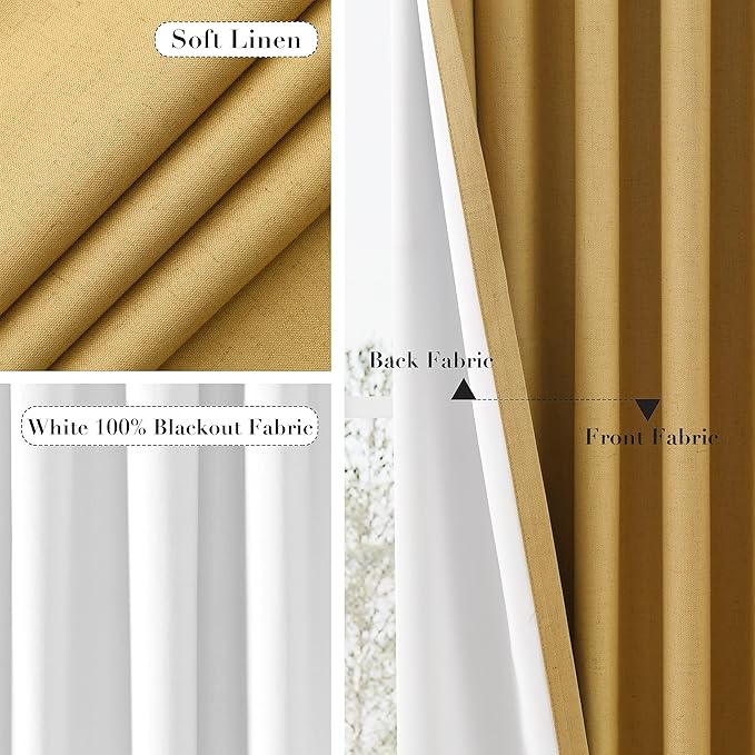 Joywell 100% Blackout Linen Curtains 108 Inch Long for Large Bedroom Window Black Out Curtain Light Blocking Drapes Floor to Ceiling Hook Belt Back Tab 2 Panels Set,52 x 108,Gold