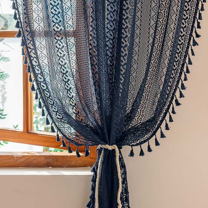 Sutuo Home Sheer Boho Curtains 63 Inch Length for Kitchen Nursery, Lace Curtains Crochet Vintage Country Tassels Bohemian Hollow Privacy Rustic Geometry Rod Pocket, 2 Panels 50" x 63" Navy Blue