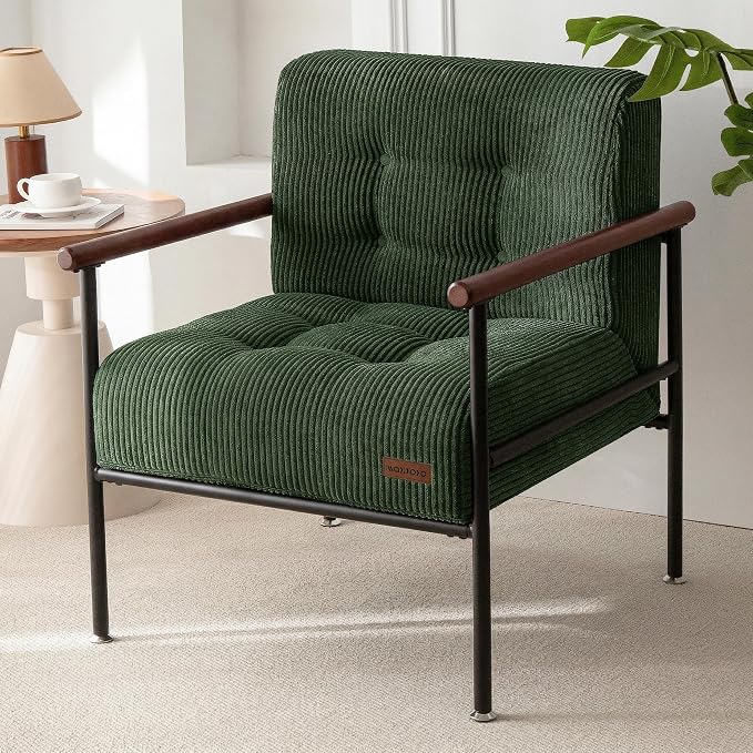 MAXYOYO Living Room Accent Chair, Modern Chair with Metal Frame | Upholstered Reading Chair Modern Living Room Chair with Support Cushion for Bedroom Balcony Porch, Dark Green