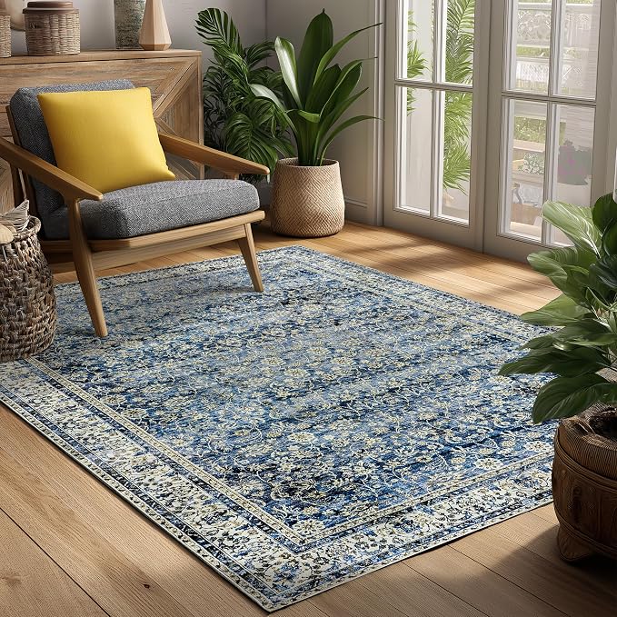 Machine Washable Area Rugs 4x6 Blue Low Pile Soft Carpet for Dining Room Vintage Floral Distressed Style Dark Blue 4 by 6 Rug for Living Room Home Office Small Throw Rug for Bedroom