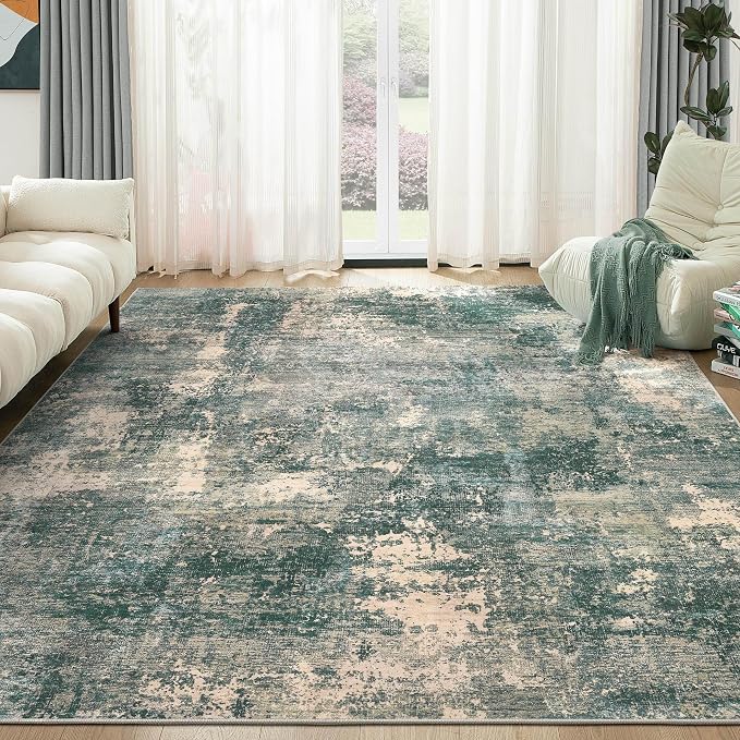 Abstract 9x12 Area Rug: Machine Washable Non Slip Ultra Thin Low-Pile Carpet, Soft Stain Resistant for Living Dining Room Bedroom, Kid Pet Friendly, Robot Vacuum Compatible - Dark Green/Beige