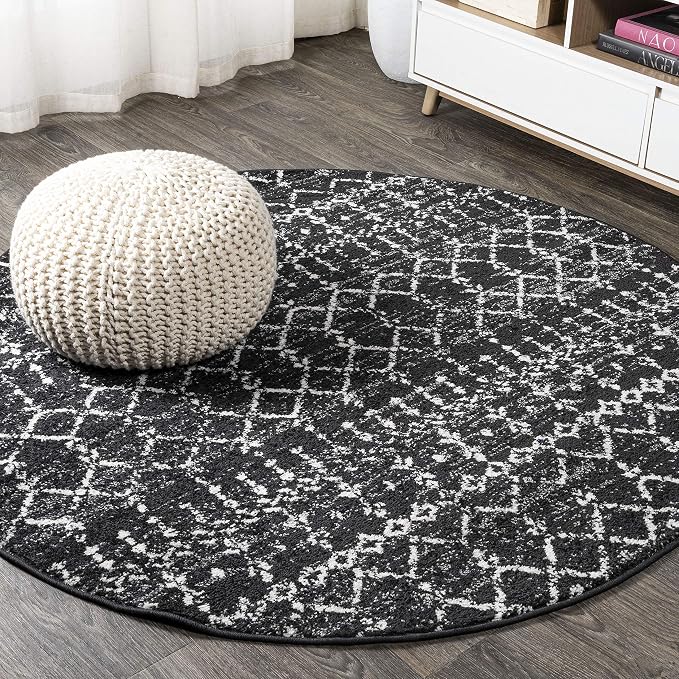 JONATHAN Y Boho Vintage Diamond Black/Ivory Round Area Rug 5 ft, Moroccan Hype for Living Room, Bedroom, Kitchen, Office, Easy-Cleaning, High Traffic, Pet-Friendly, Non-Shedding (MOH101D-5R)
