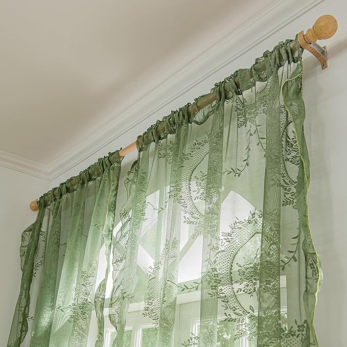Sutuo Home Olive Green Lace Sheer Curtains 84 Inches Long for Bedroom Living Room Nursery,Rose Floral Embroidery Ruffled Vintage Chic Window Treatment Privacy Drapes, Rod Pocket,W57 x L84, 2 Panels