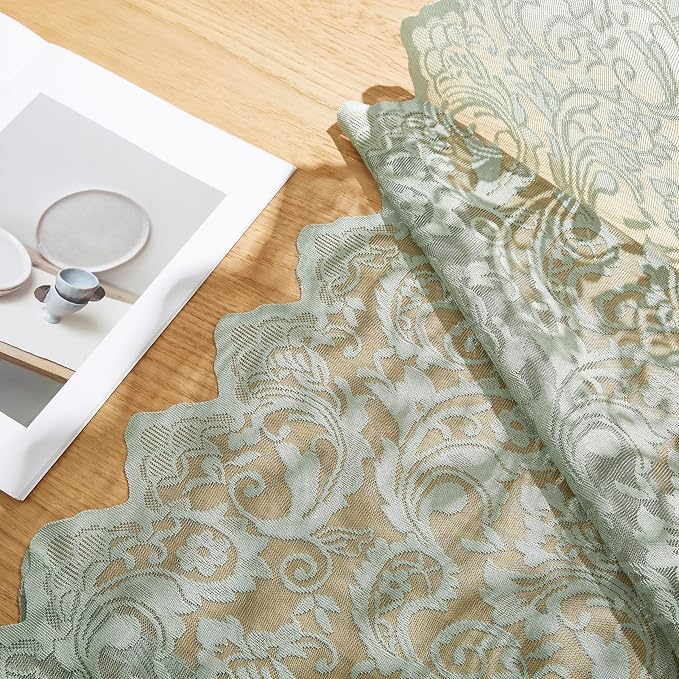 Bujasso Sage Green Lace Sheer Curtains for Bedroom Living Room Vintage Floral Embroidered Window Drapes with Scalloped Edge,Light Filtering&Privacy,Rod Pocket 2 Panels 52Wx102L Inches
